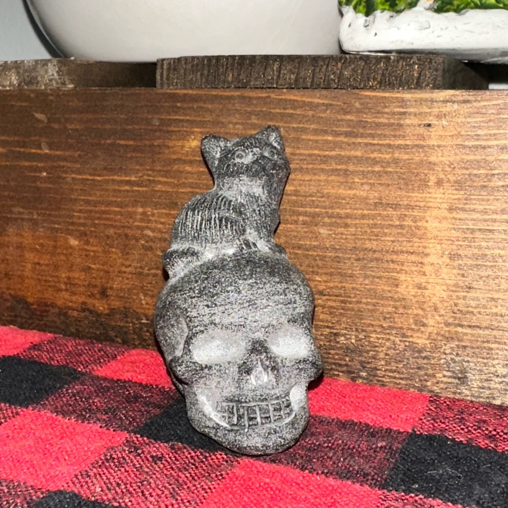Black Obsidian Skull and Cat Figurine